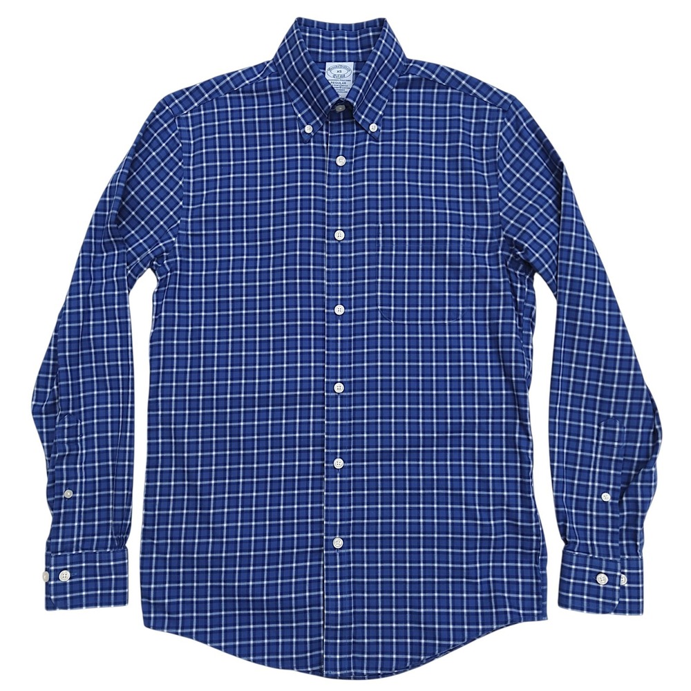 Brooks Brothers Twill Shirt Mens XS Supima Stretch Blue Plaid Long Sleeve Regent